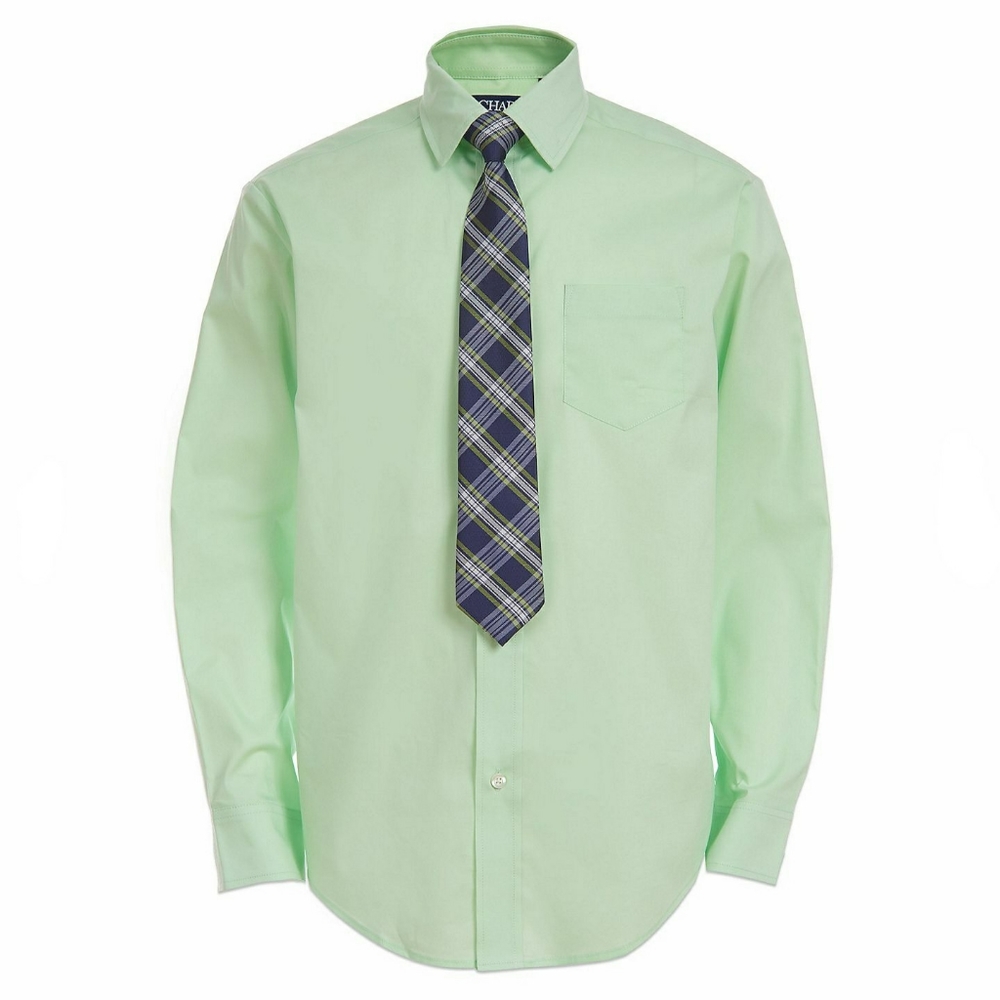 Boys Chaps Button-Up Mint Green Long Sleeve Shirt & Matching Plaid Tie Set NWT!